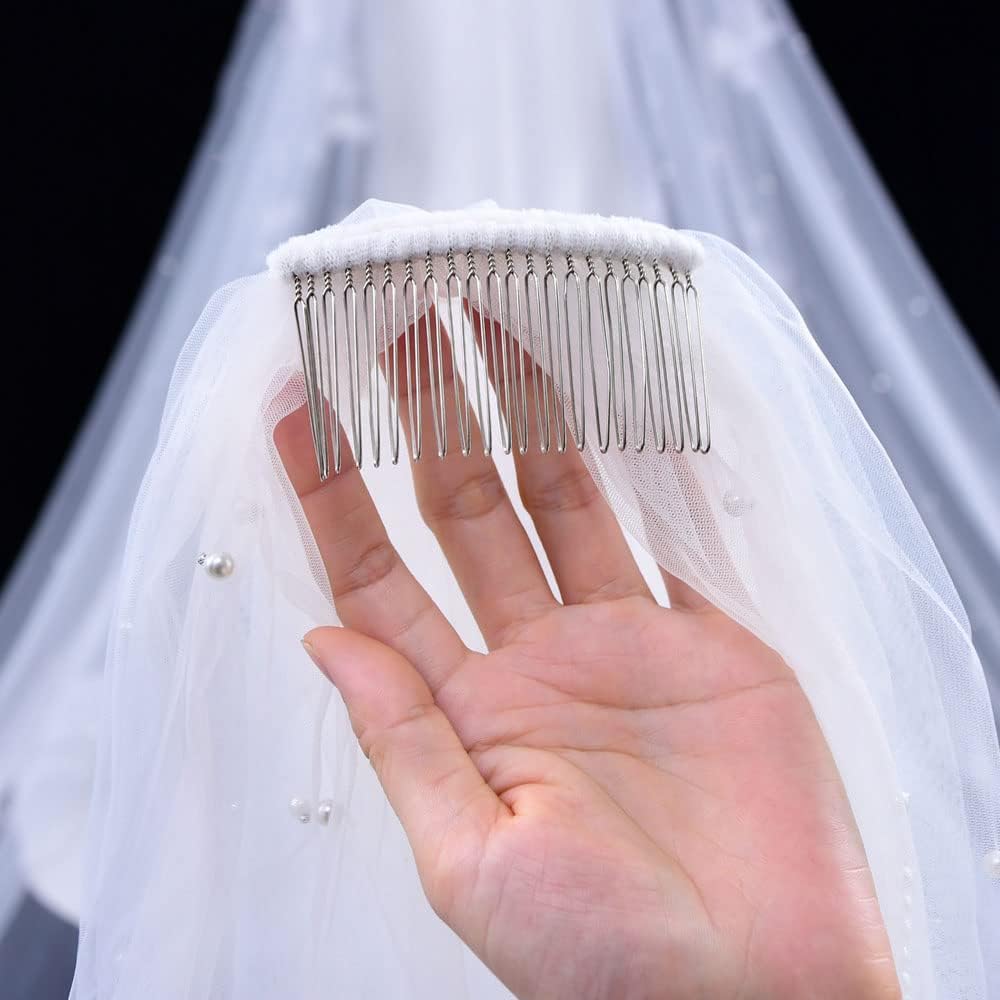 Velo da Sposa Velo di Perle con Pettine Velo alla Testa Velo da Spalla Multi-Dimensione 1 Livello Velo da Sposa Lungo in Tulle Elegante Tulle da Sposa