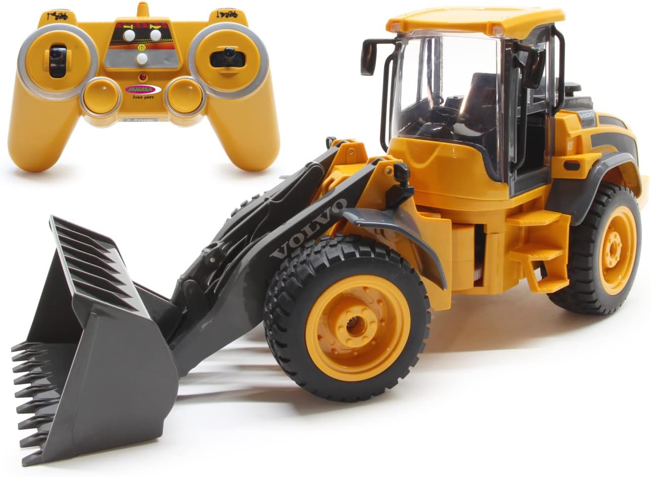 Jamara Volvo L50 RC Wheel Loader with its 2.4GHz remote control, showing both components ready for use.