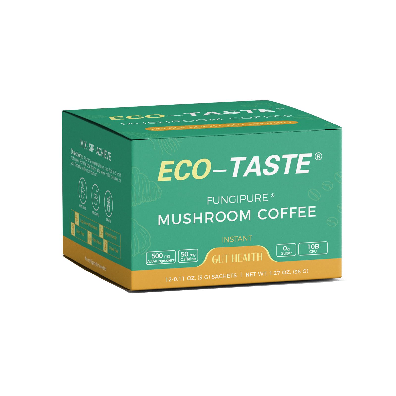 ECO-TASTE Mistura de Café com Cogumelos, café Arábica, cauda-de-peru, Chaga, juba-de-leão, yacon e probióticos, 40 mg de cafeína por porção, 12 sachês