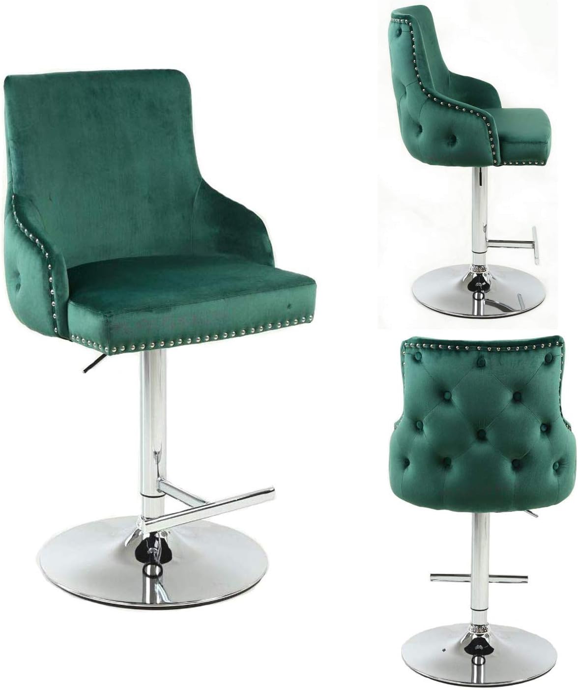 PS Global Swivel Barstool with Comfortable and Stylish Deep Button Back, Gas Lift, Plush Velvet, T-Bar Footrest, Upholstered In Plush Velvet, Easy-Clean Fabric Sold Individually (Green)