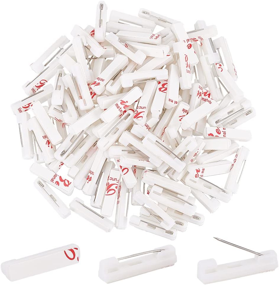 100 White Safety Pin Bar with Adhesive, badge pin backs