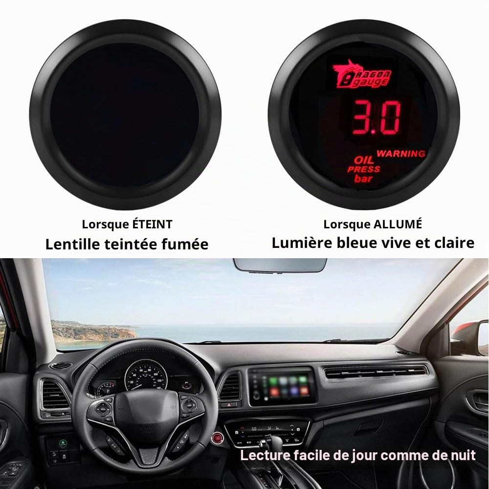 Voiture Jauge de Pression d'huile 2" 52mm Presse l'huile Manometre Bar Pression Huile Indicateur Jauge Rouge Lumière Numérique Pression Compteur Instruments avec Capteur