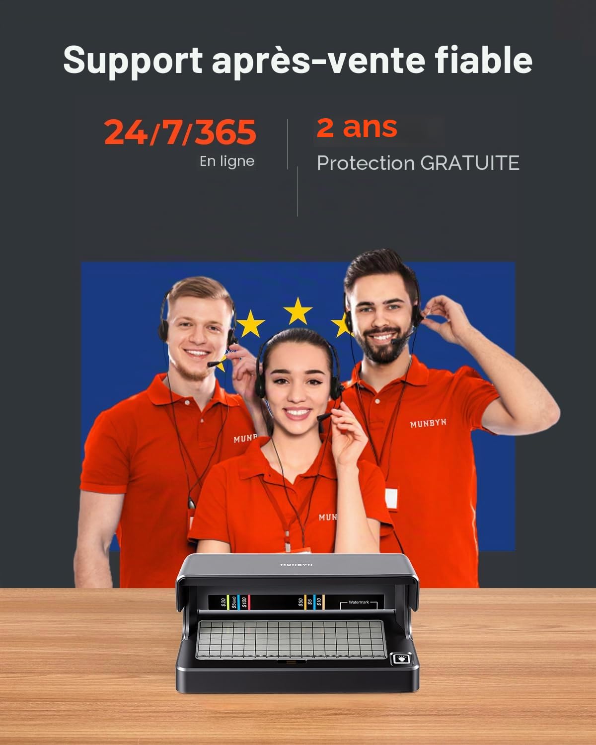 MUNBYN IMC26 Détecteur de faux billets euros portable, machine détecteur faux billets, UV & Lumière Blanche, Rechargeable USB-C, détecteur billet euros, Multi-Devises $/£/€ de Billets et Documents