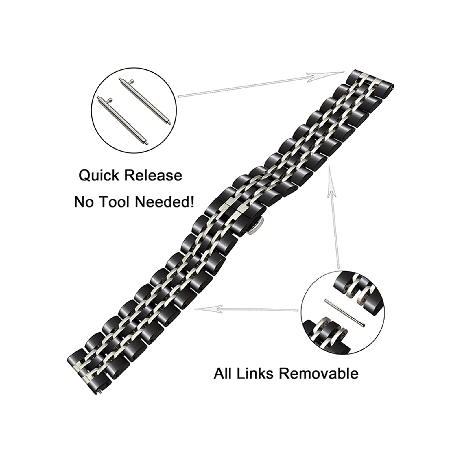 YCTTKDD Cinturino in acciaio inossidabile, cinturino in acciaio inossidabile a sgancio rapido per braccialetto da polso staccabile in metallo solido con fibbia a farfalla da 20 mm 22 mm (Colore : Nero
