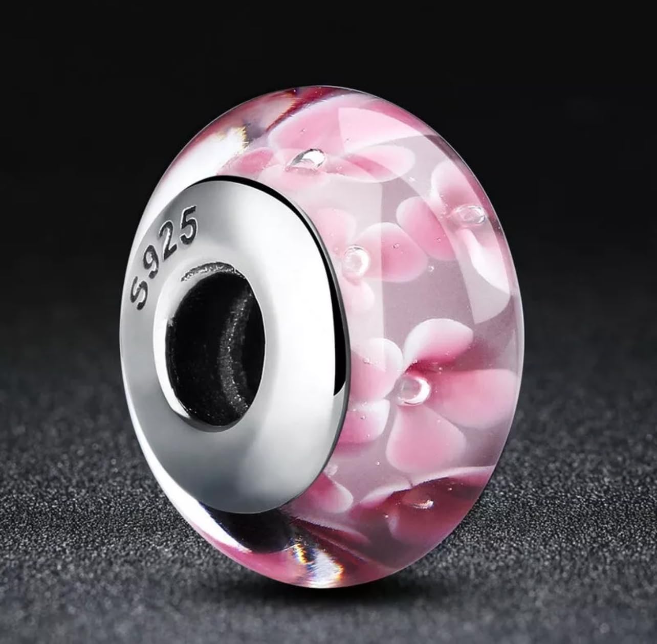 FLXHHX Ciondolo Floreale in Vetro di con Fiore Rosa, Autentico Argento Sterling 925, Compatibile con Bracciale