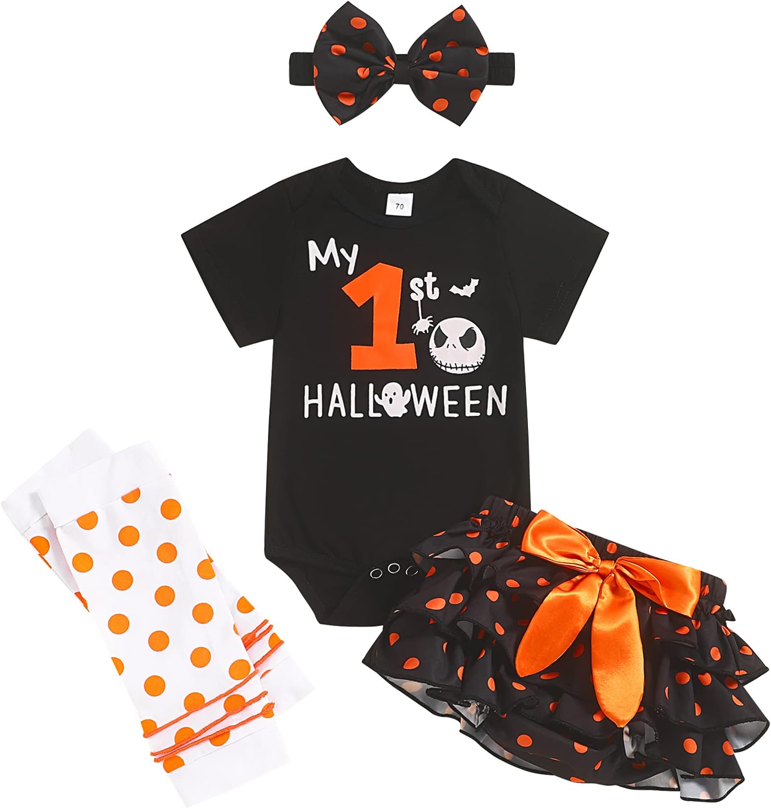 MenglangMy First Halloween Outfits Baby Girl Newborn Skull Print Romper Dots Shorts with Leg Warmer Clothes Sets