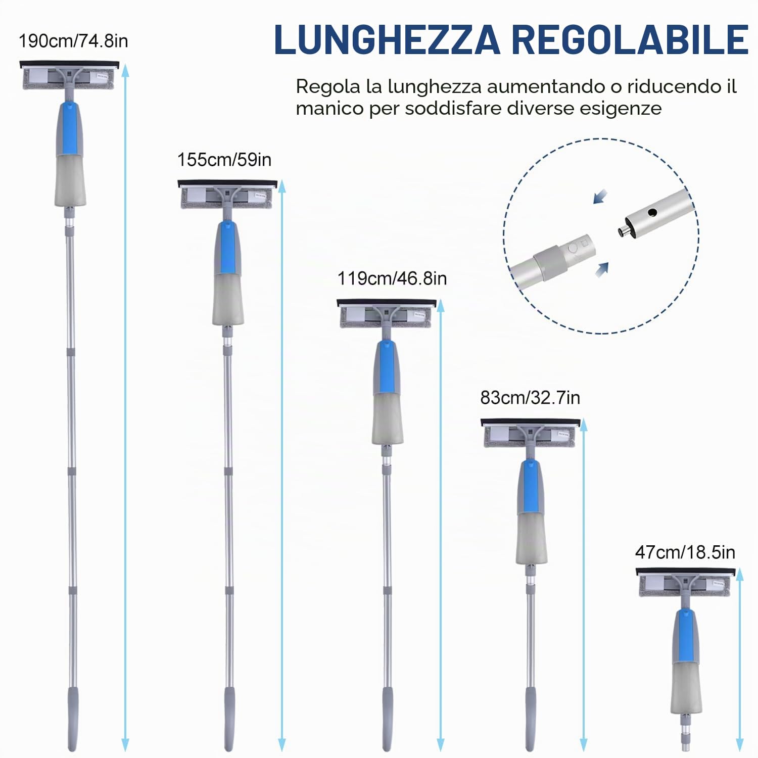 Spazzola Lavavetri con Spray, Kit di Pulizia 3 in 1 con Asta di Prolunga, Lavavetri Professionale da 190 cm con 3 Panni in Microfibra, Strumenti per la Pulizia dei Vetri per Interni ed Esterni