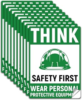 WADORN 10Pcs Think Safety First Wear Personal Protective Equipment Sign Sticker, PVC Waterproof Self Adhesive Think Safety First Wear Warning Stickers Decal for Business, 5.1x7.1 Inch