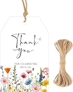 G2PLUS 50PCS Wildflower Thank You Tags, Floral Gift Tag with String | 3.3x2.2in, 33ft, Thank You for Celebrating with Us Lables, White Paper, for Party Favor, Wedding, Bridal Shower, Birthday