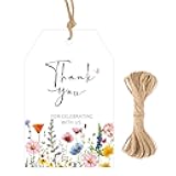 50Pcs Wildflower Thank You Tags - Floral Gift Tags with String, Thank You for Celebrating with Us Tag, White Paper Party Favors Hangtag for Wedding, Baby Shower, Bridal Shower, Birthday