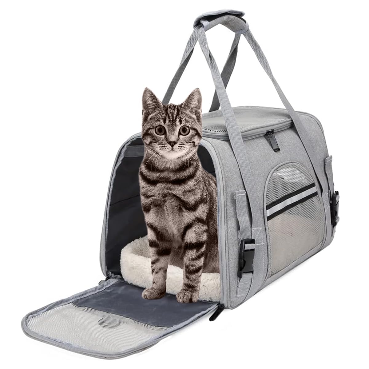Bolsa Transportin Gato,5KG Transportín Perro Gato, Aprobada por la Aerolínea,Plegable Transportin para Gatos,Transportadora Gatos con Bandolera Desmontable para Gatos für Katzen Kleine,Gris,M