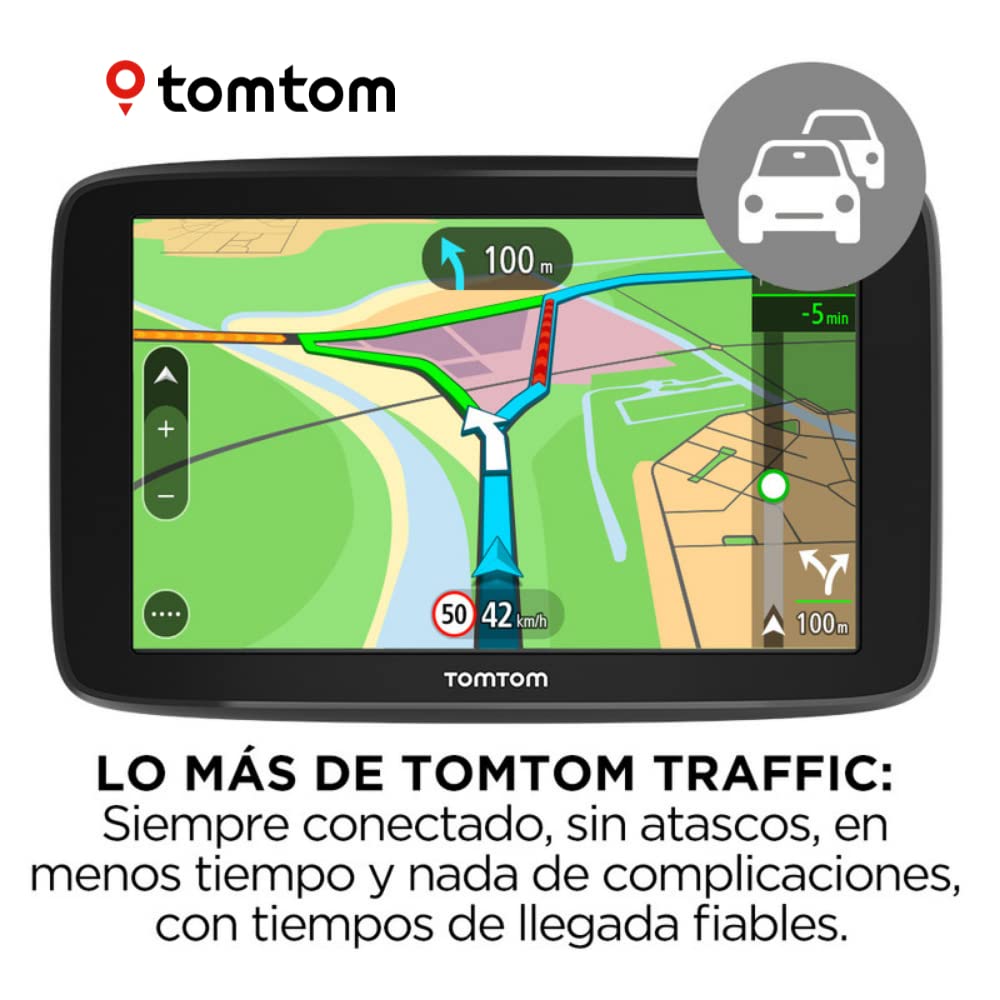 TomTom GPS para coche GO Basic, 5 pulgadas, con tráfico y prueba de radares gracias a TomTom Traffic, mapas de la UE, actualizaciones a través de WiFi, soporte reversible integrado, Negro