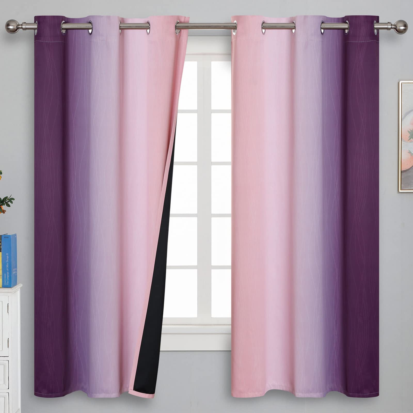 Pink&amp;Purple Curtains 63 Inch Length 2 panels, Full Light Blocking Ombre Blackout Curtains for Kids Room, Thermal Insulated Noise Reducing Gradient Blackout Curtains for Girls boys Bedroom, 42x63 Inch