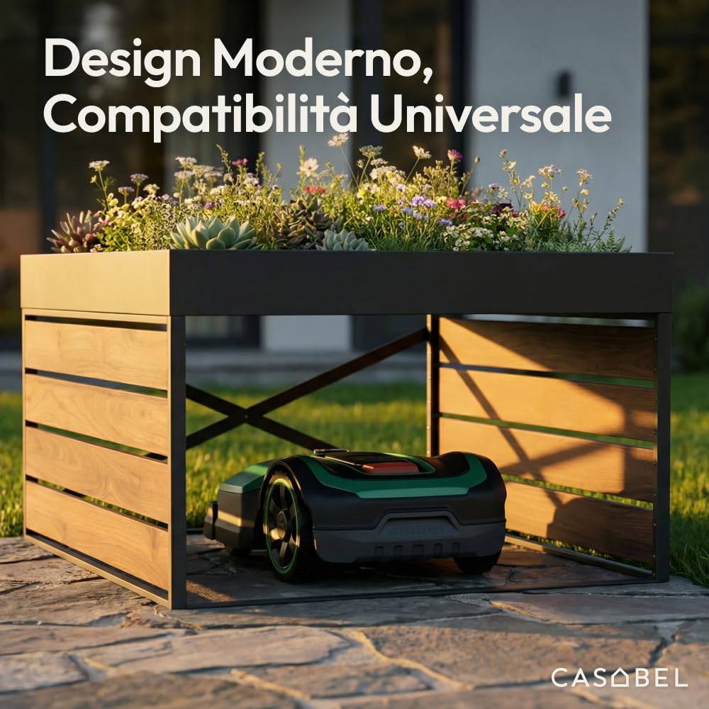 CASABEL Cobertizo para Robot cortacésped, Acero galvanizado, con Jardinera | Protección contra la intemperie, Acero galvanizado resistente, Jardinera integrada, Refugio universal, Efecto madera