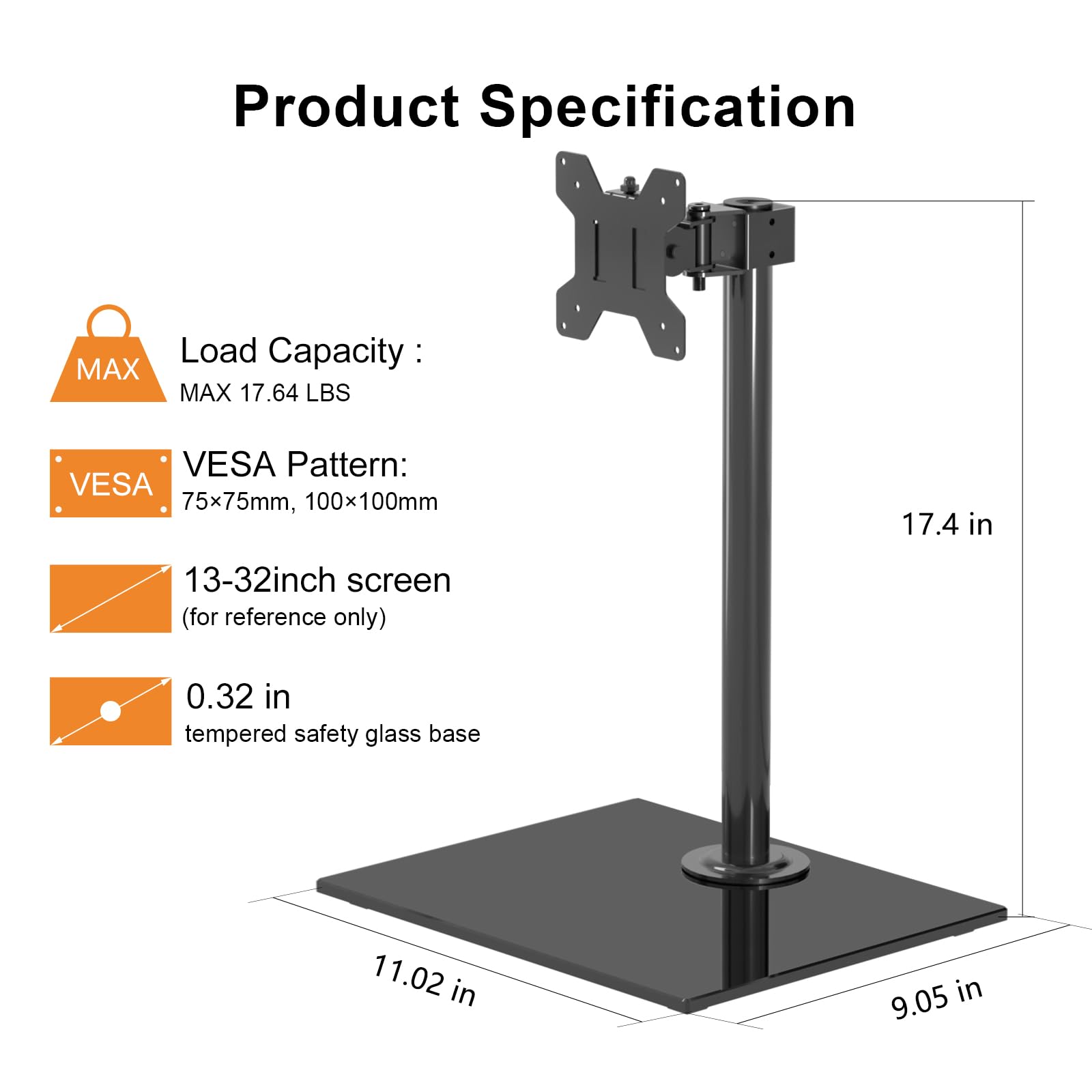 Pholiten Support Ecran PC pour écran 13-32 Pouces jusqu'à 10 kg, Support Ecran avec Construction Solide, Pied Ecran PC, Inclinaison réglable ±25°, Pivotement ±80°, Rotation 360°, VESA 75/100 mm