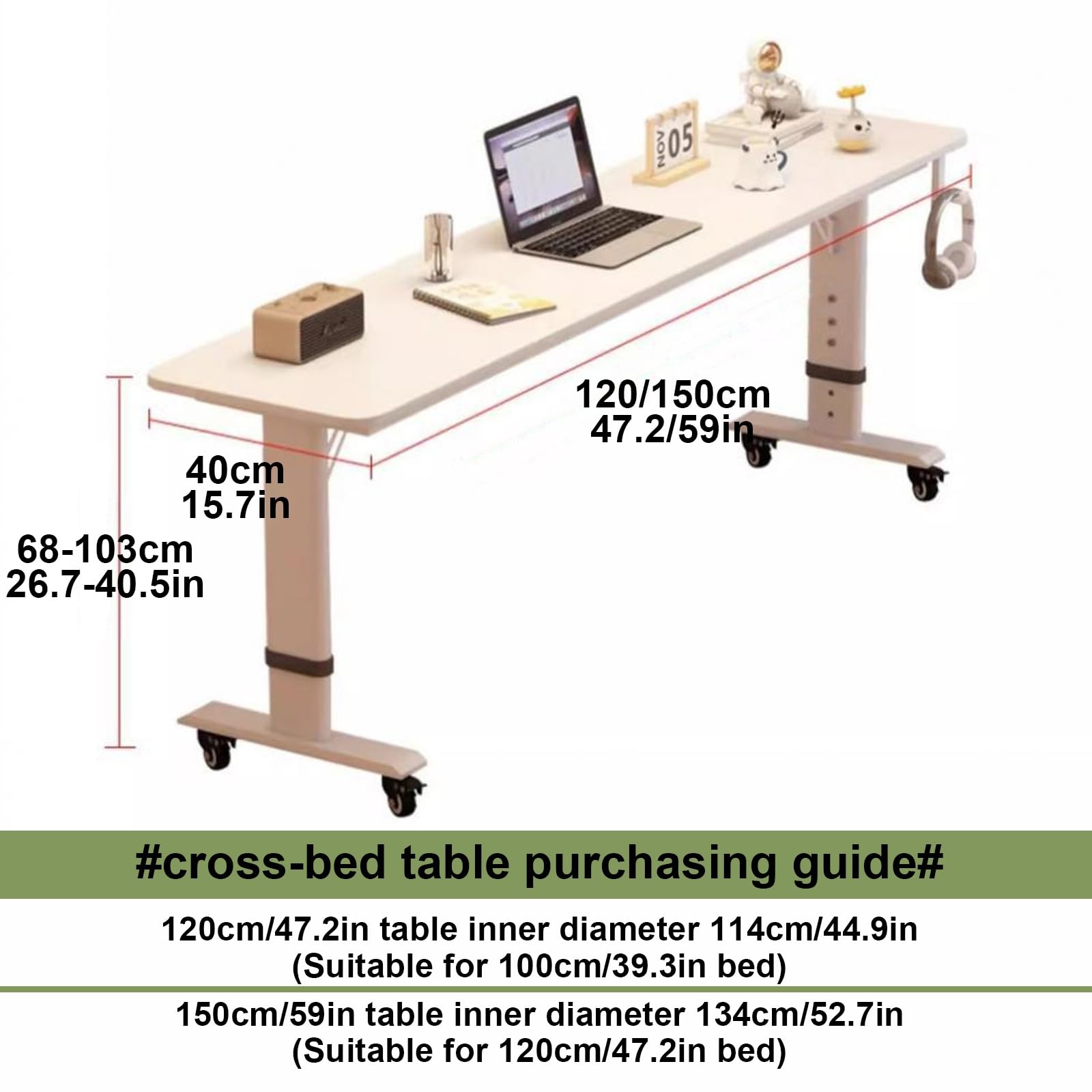 Tavolino servitore con Ruote a 360°, Tavolino da Letto con Ruote, Scrivania con Letto Mobile Queen Size, Scrivania con Ruote, Carrello per Laptop, Tavolino da Bar con Letto con Ruote