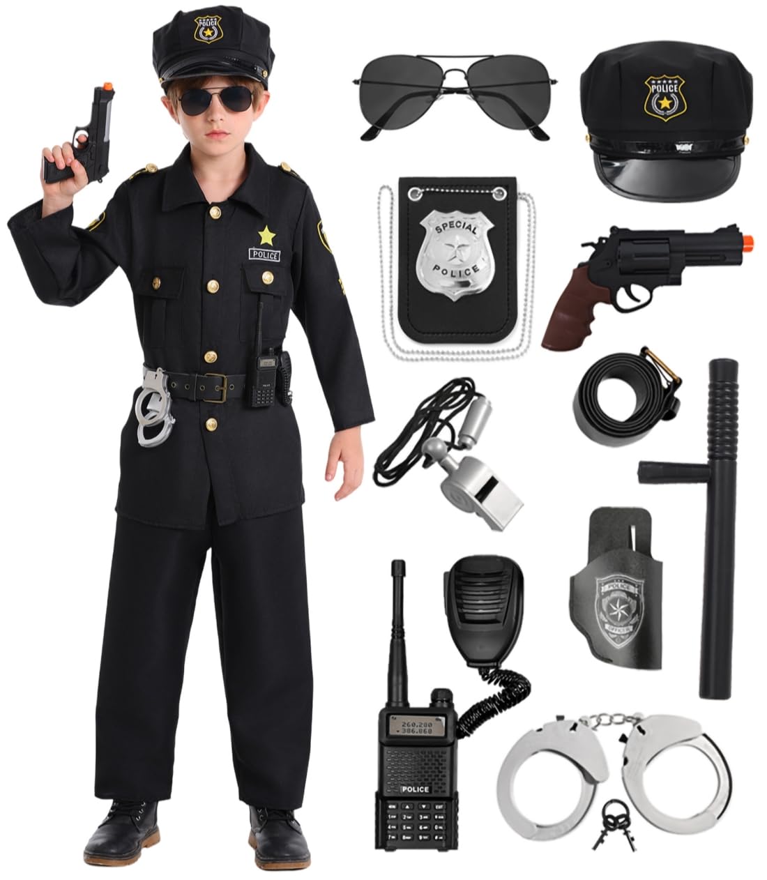 Costume da polizia, per bambini, costume da polizia, per cosplay, con accessori, costume di carnevale, uniforme con equipaggiamento di polizia, berretto, manette, occhiali da sole per carnevale,