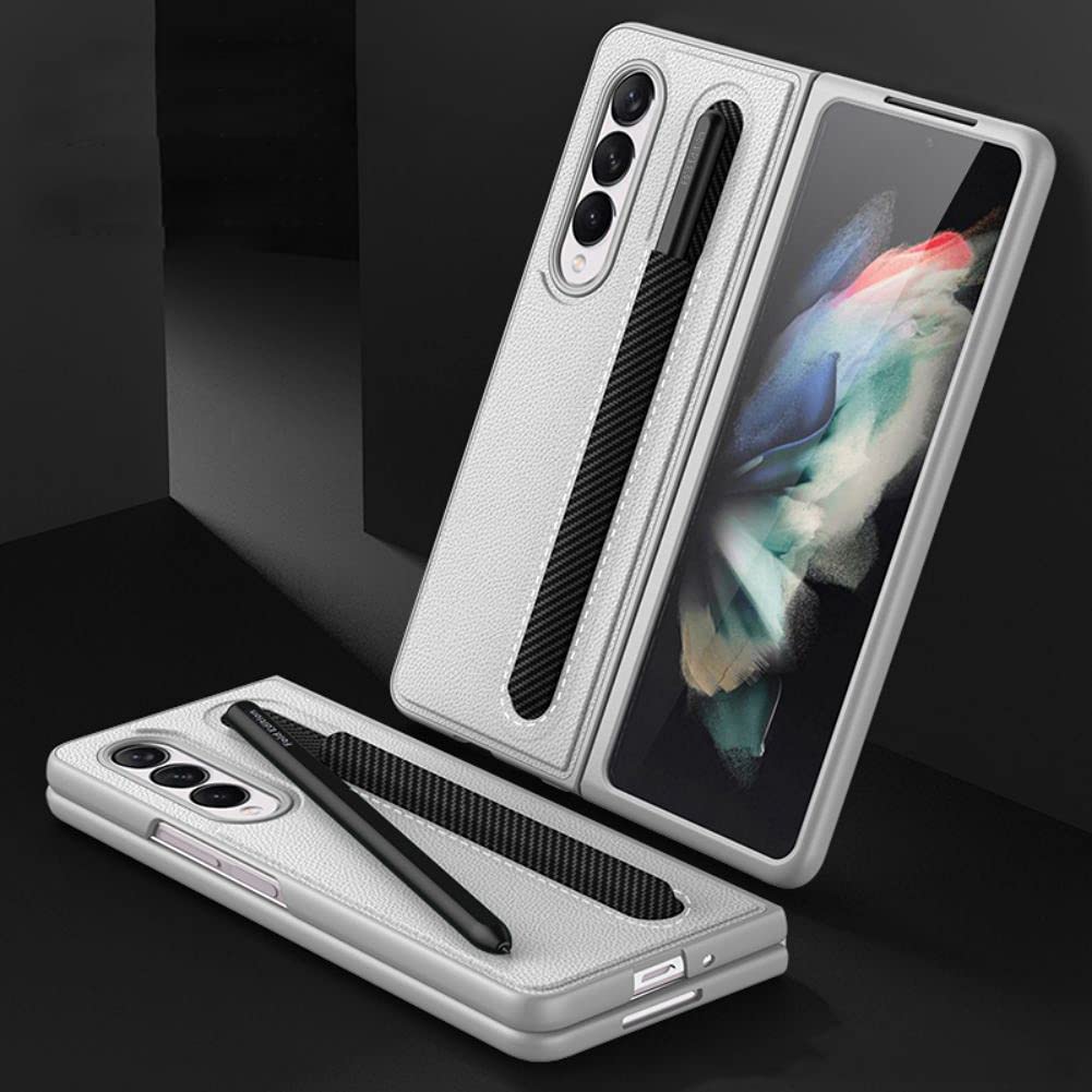 SHIEID Samsung Fold 3 Case with S Pen Holder, Galaxy Fold 3 5G Case Leather Holder Phone Case Compatible with Samsung Galaxy Z Fold 3 5G, Temperament Silver