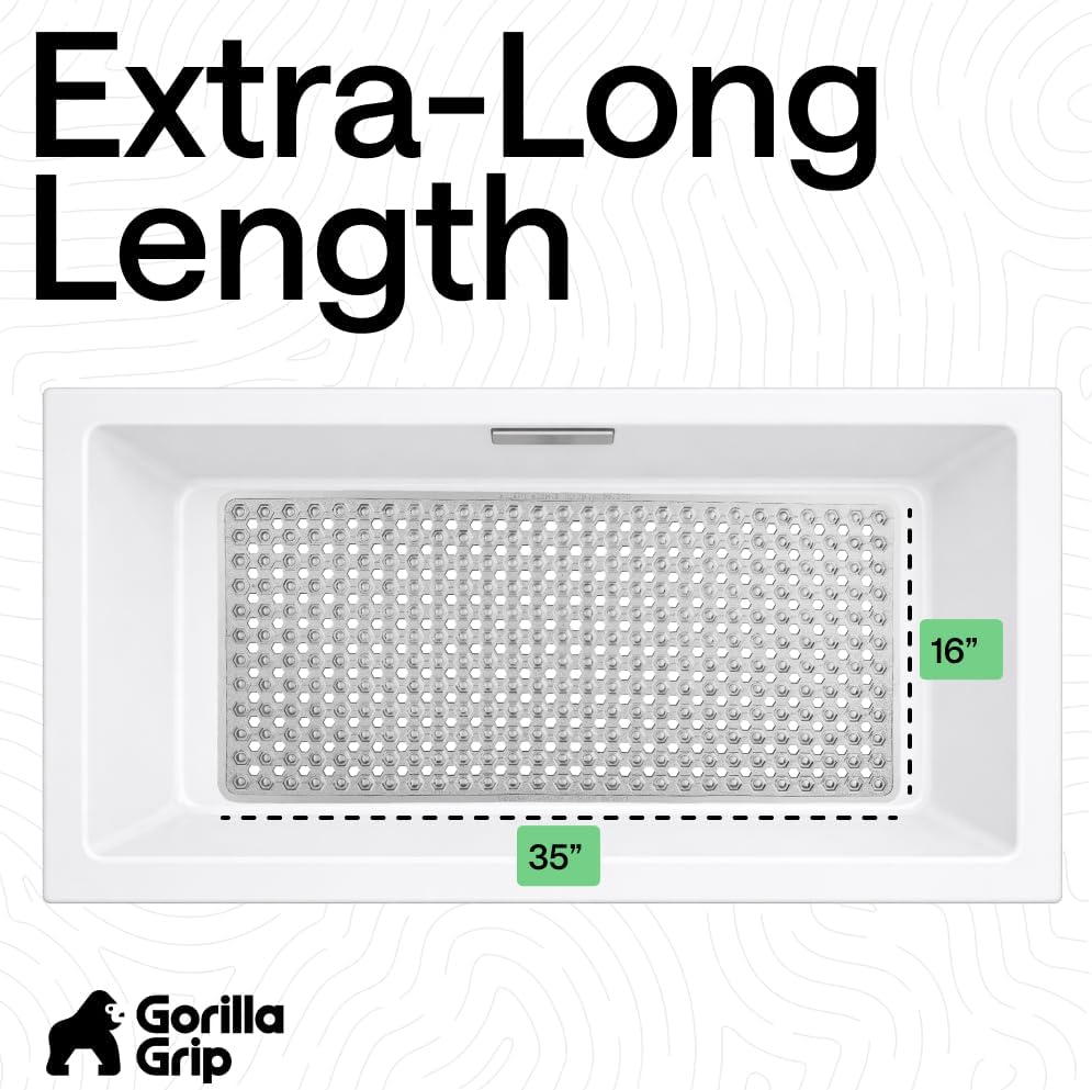 GORILLA GRIP Patented Bath Tub Shower Mat, Machine Washable Bathtub Floor Liner Mats, Suction Cups and Drain Holes to Keep Tubs Clean, Soft on Feet, Bathroom Essentials, 35x16 Inch, Clear Gray