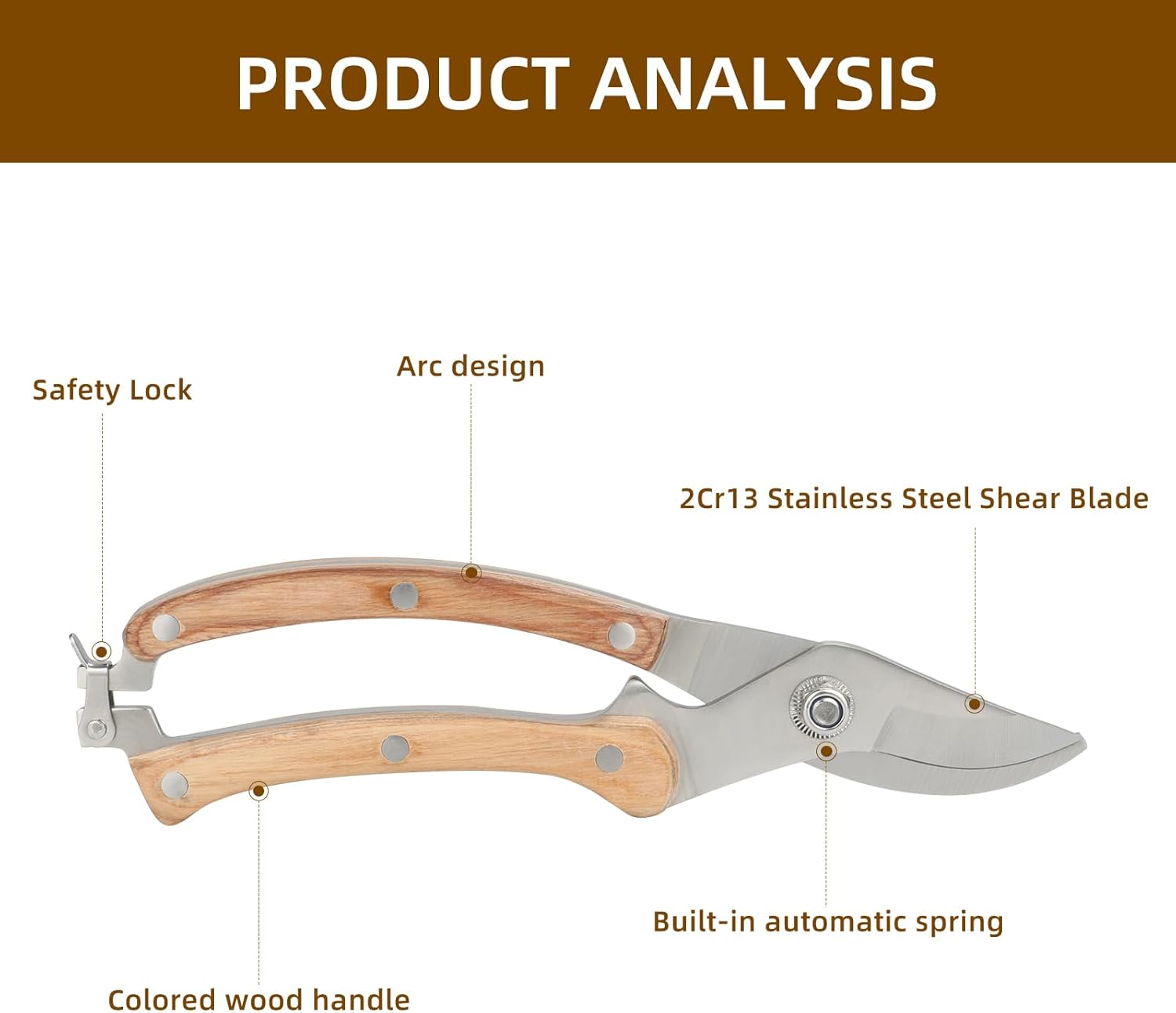 Wooden Pruning Shears for Gardening, 3/5-Inch Cut Capacity Garden Shears, Gardening Shears with Sharp Blades and Rustproof Stainless Steel