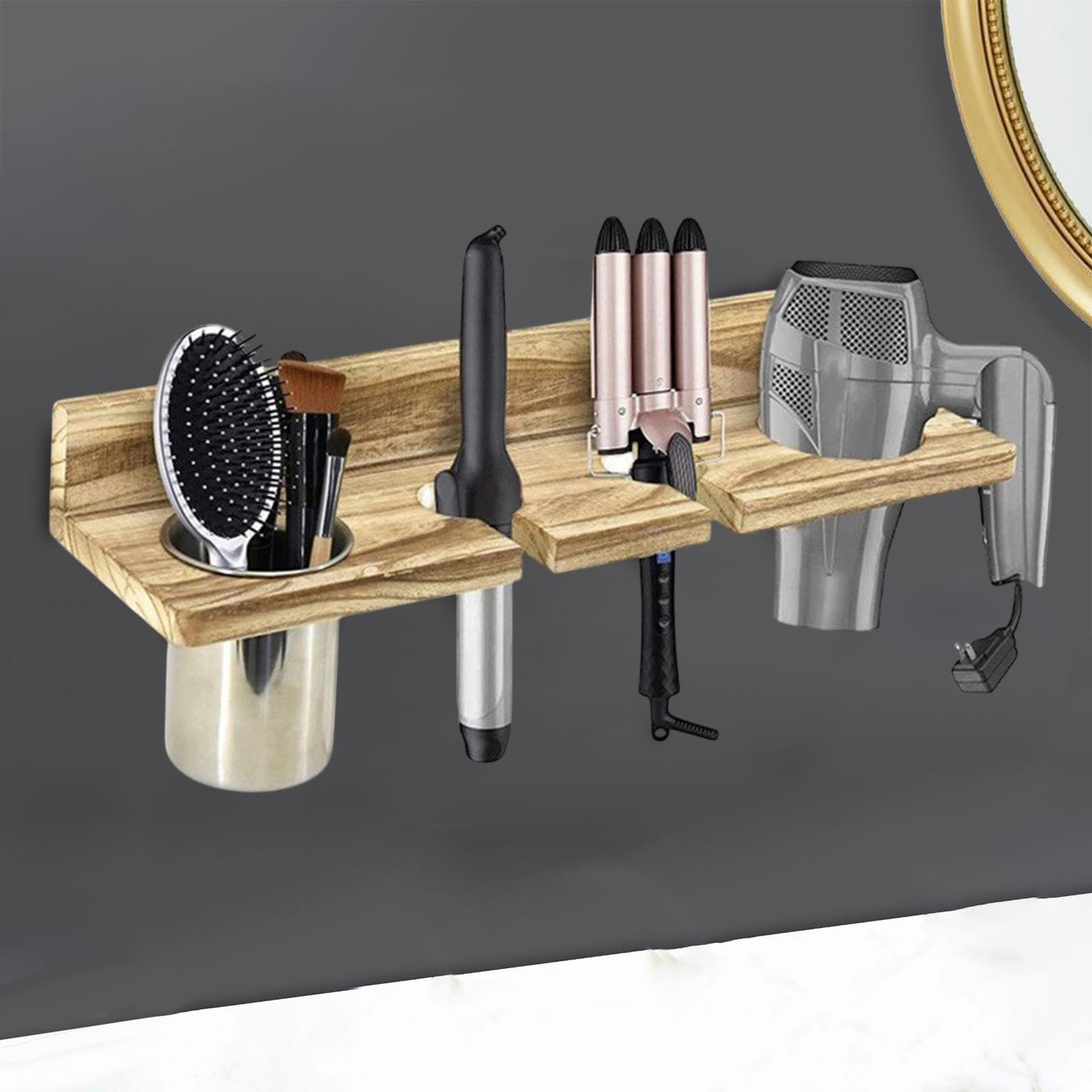 Kokiya Hair Blow Dryer Holder Storage Stand No Drill Wood Wall Mount Hair Tool Organizer Blow Dryer Hanger for Curling Iron Dresser