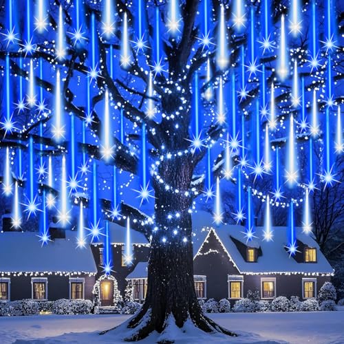 Auniq Luci Pioggia Meteore, 30cm 10 Tubi 240 LED Luci Stringa Meteora Doccia Impermeabile IP65 Luce Cascata Esterno Decorazione con 5 metri di vantaggio, Catena Luminosa LED per Natale Giardino Festa