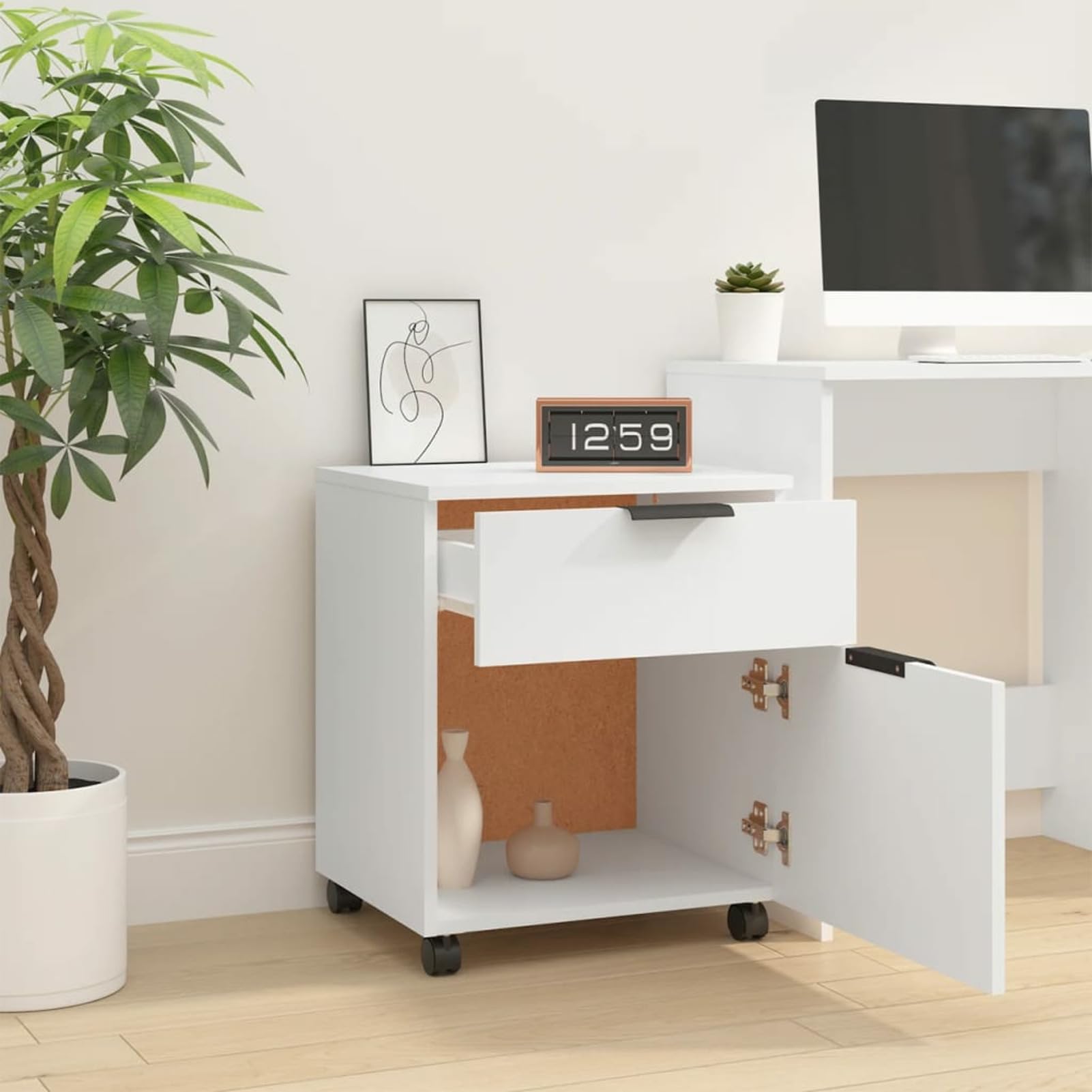 Schedario con Ruote Bianco 45x38x54 cm Legno Multistrato,Cassettiera, Mobiletto da Ufficio con Serratura,Regolabile per Cartelle Sospese, Superficie Testurizzata, per Ufficio, Studio