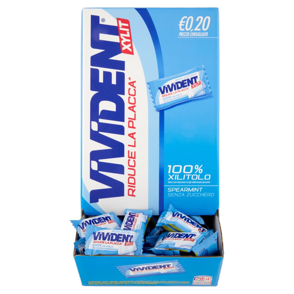 Vivident Xylit, Chewing Gum, Gusto Menta, Senza Zucchero, Senza Glutine, Confezione da 200 Gomme da Masticare Ripiene Monoporzione, Incartate Singolarmente,da Condividere, Feste, Compleanni
