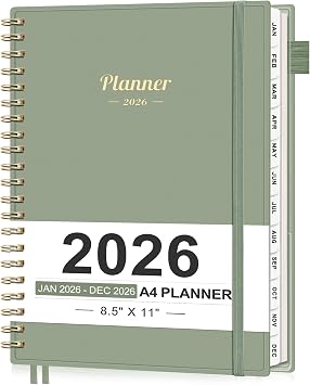 AHGXG 2026 Planner, Weekly and Monthly Planner, Large Size 8.5" x 11", 2026 Calendar, JAN 2026 - DEC 2026, Spiral Bound, Inner Pocket, Perfect for Office Home School Supplies, Sage Green