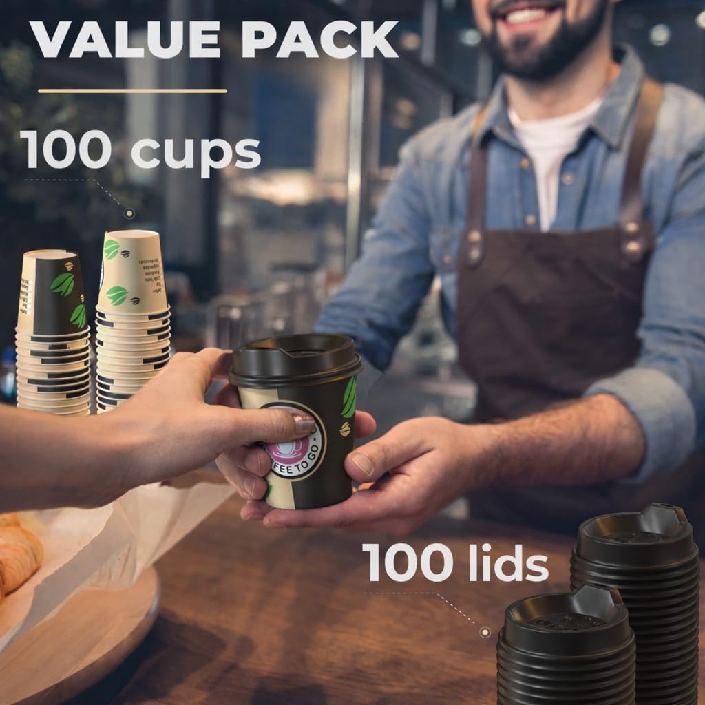 CupCup 100 Papierowych Kubków 240 ml z Pokrywką – Kubek do Coffee To Go, do Serwowania Kawy na Wynos, Herbaty, Gorących i Zimnych Napojów