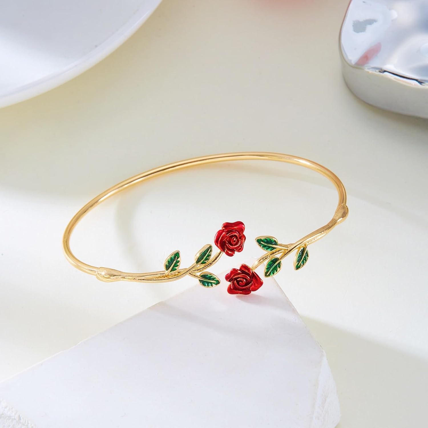 Red Rose Flower Bracelets Rings for Women Elegant Enamel Rose Flowers Floral Green Leaf Opening Adjustable Promise Love Jewelry Set for Valentines Day Wedding Bridal Birthday Anniversary Party Jewelry - Image 5