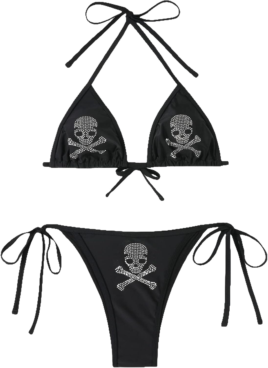 WDIRARA Women's Skull Pattern Halter Triangle Thong Sexy 2 Piece Bikini Swimsuit