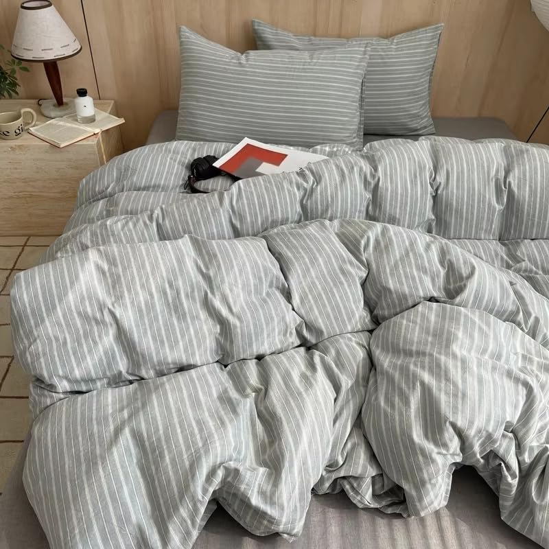 Housse de couette à rayures grises parure de lit 260x240 microfibre - 2