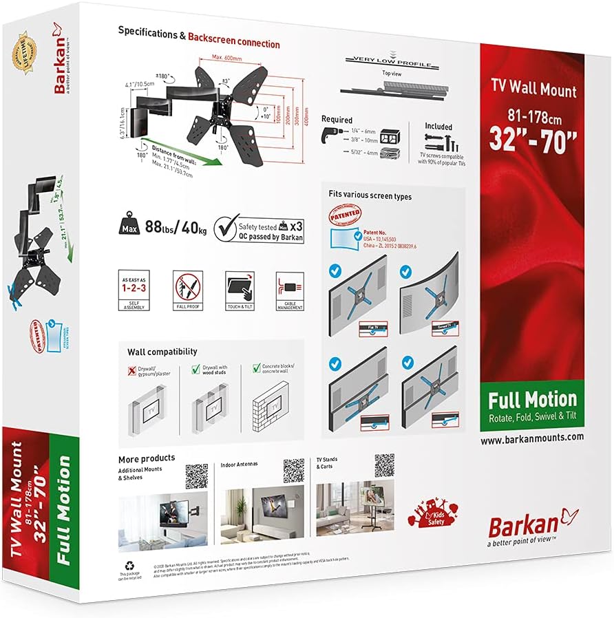 Barkan TV Wall Mount, 32-70 inch Full Motion Articulating - 4 Movement Flat/Curved Screen Bracket, Very Low Profile, Holds up to 88 lbs, Lifetime Limited Warranty, UL Listed, Fits LED OLED LCD