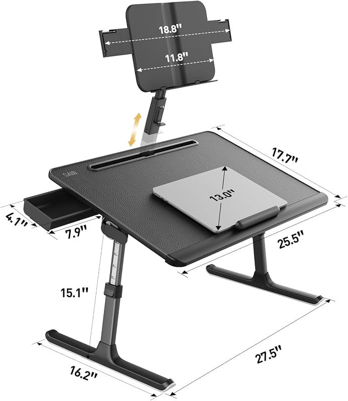 SAIJI XXL Laptop Asztal Magasságállítható Ágyhoz Fiókkal Fekete