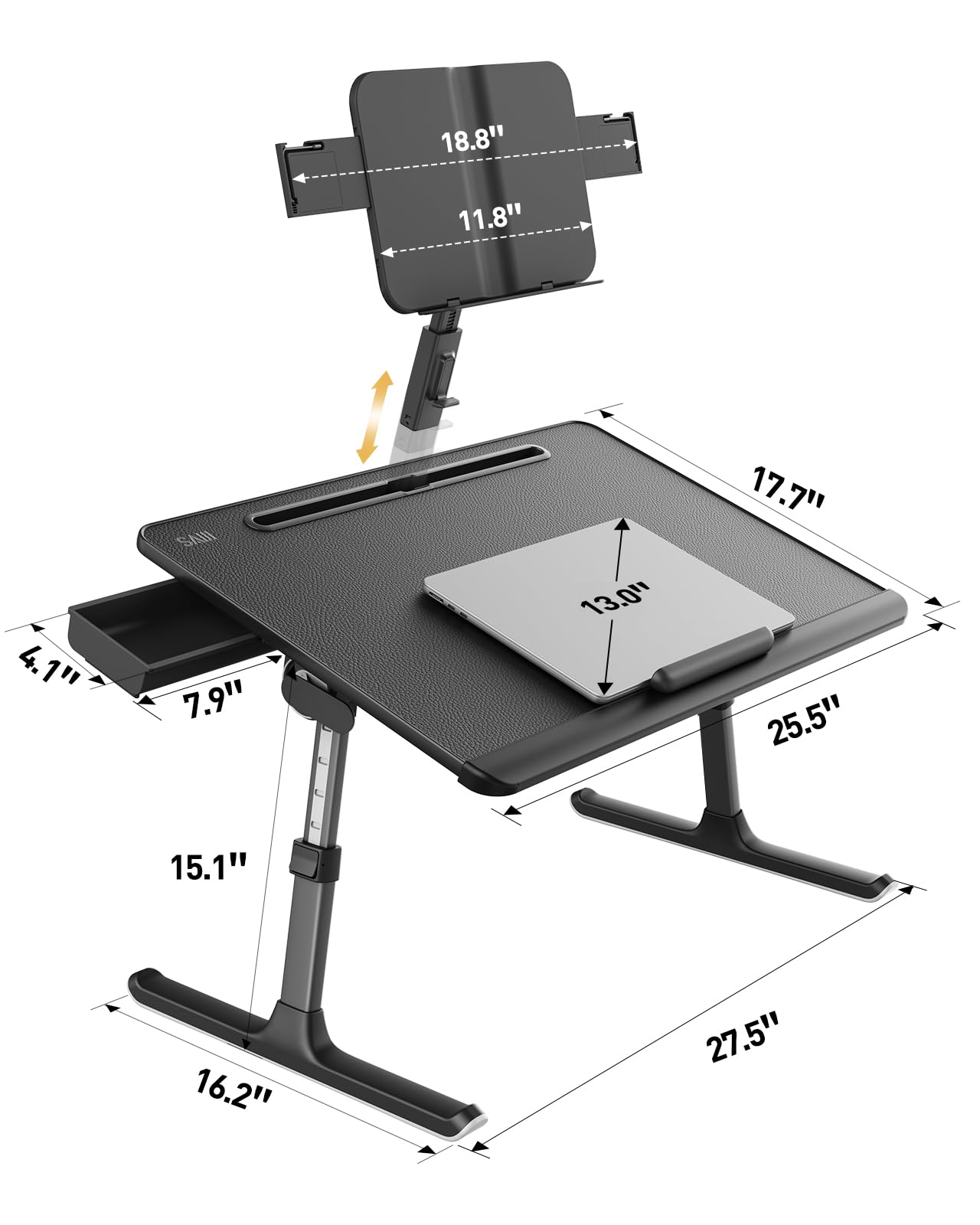 SAIJI Table pour ordinateur portable [Premium XXL, extra large] avec pupitre de lecture réglable en hauteur, table de lit polyvalente de qualité supérieure, pliable, avec tiroir (noir)