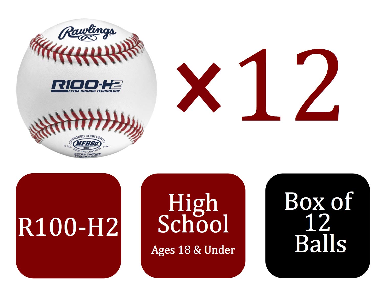 RAWLINGS Baseball Balls Baseballs NFHS NOCSAE-Pelotas de béisbol para Escuela Secundaria, Costura elevada, 12 Unidades, R100-H1, Unisex Adulto