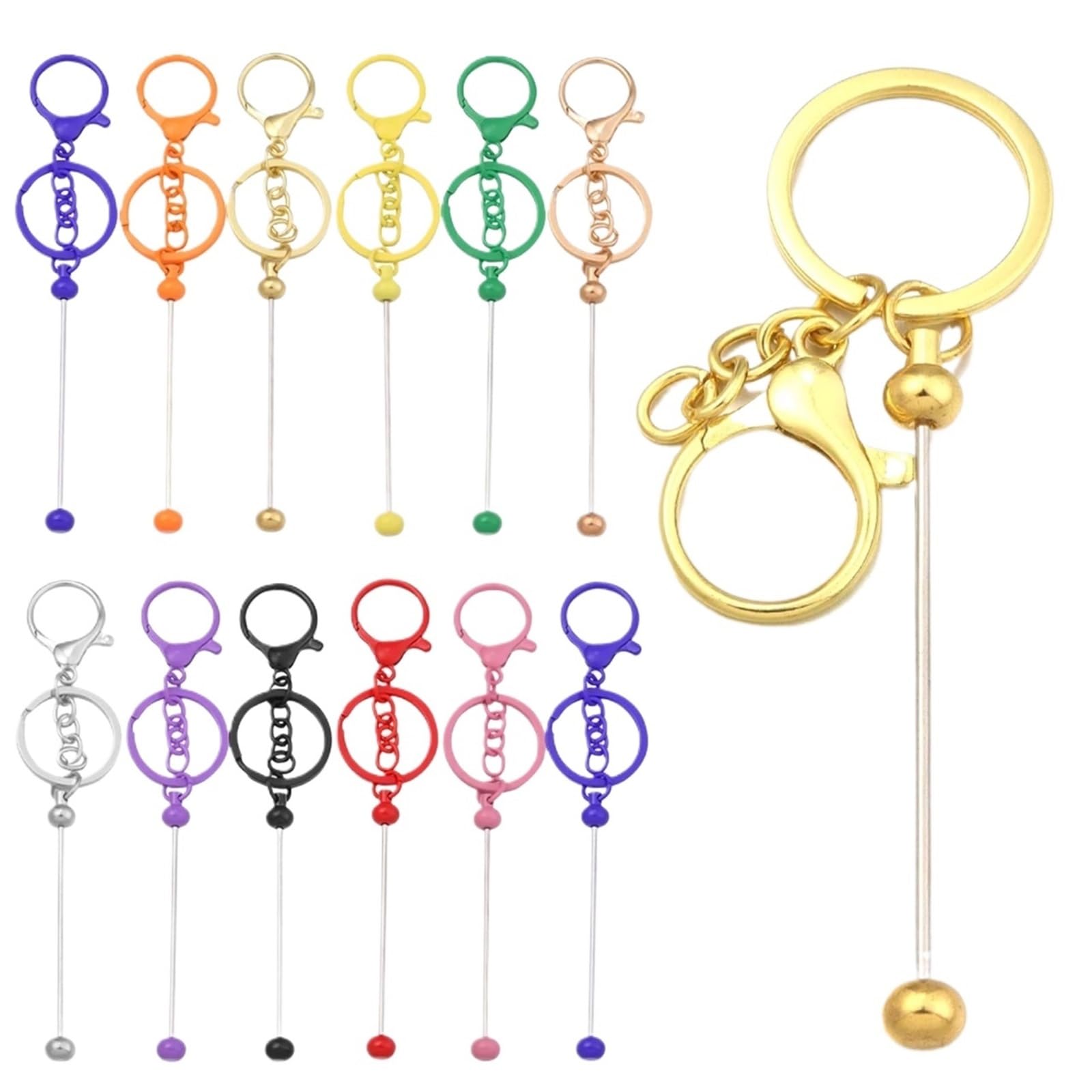 Xinglongs Bead Keyring Making Kit- 20Pcs Metal Keyring Bead Lobster Claw Clasp Keychain for DIY Jewelry Making, 14.8x3cm(Yellow)