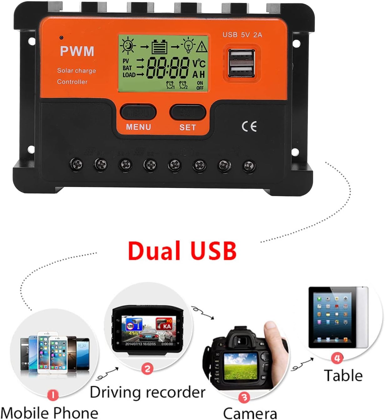 60A Solar Controller PWM Charging LCD Display Solar Regulator , PWM Charging Solar Controller , Solar Regulator char ge Controller Multiple Load Control Modes with 2 USB 5V Output 12V 24V 48V , PWM C