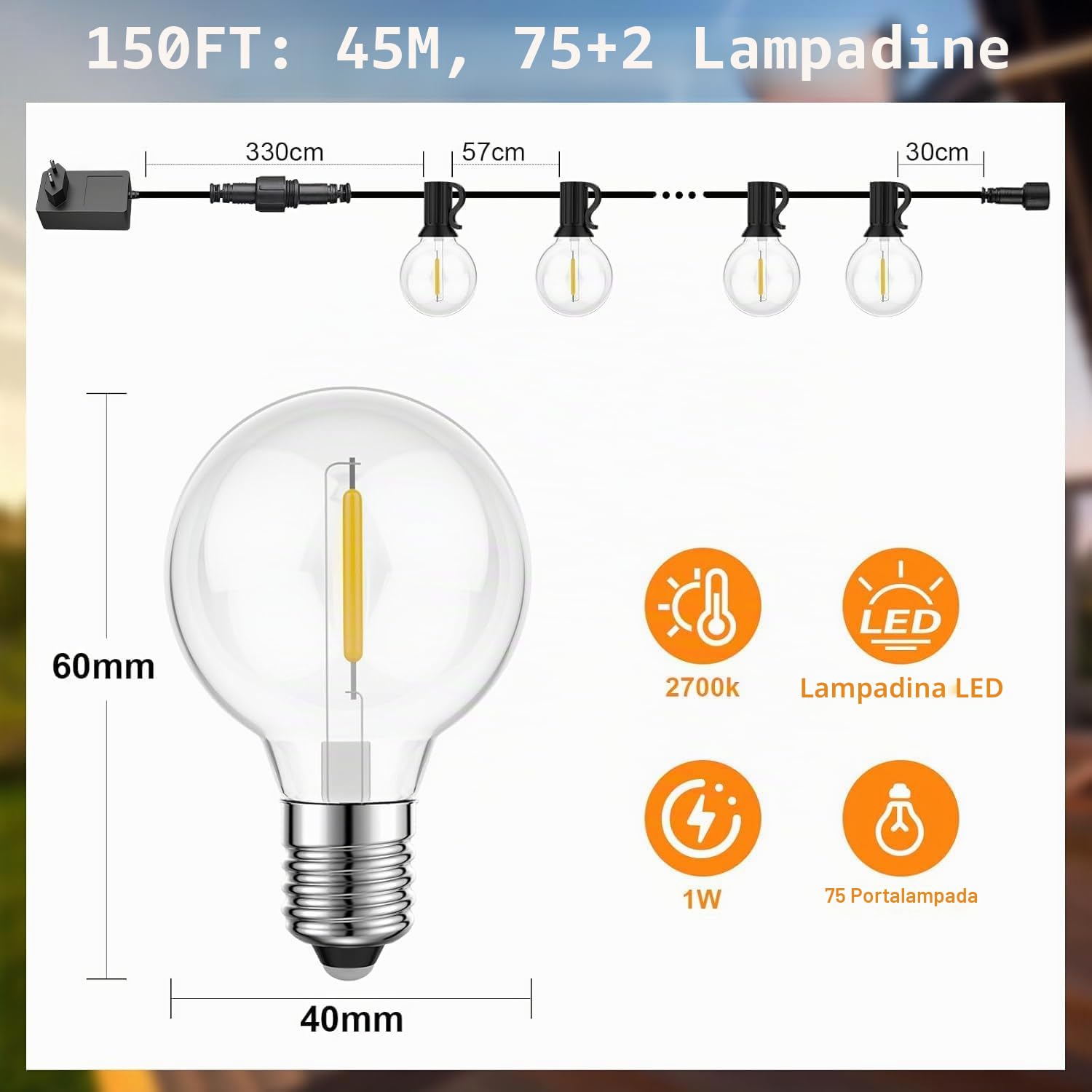 GPATIO 150FT Catena Luminosa Esterno, G40 LED Luci da Esterno Giardino, 45M Luce da Giardino Impermeabile 75+2 Lampadine di Ricambio Decorazione per Feste in Matrimonio, Decorazioni Vacanze ecc.