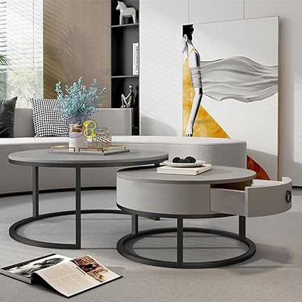 Device Bas with BROWN ART SHOPPEE Round Coffee Tables Simple Living Room Table Sets, Sofa Center Table Round End Tables With Wooden Drawer And Metal Frame Home Decor Sets (Black & Grey)