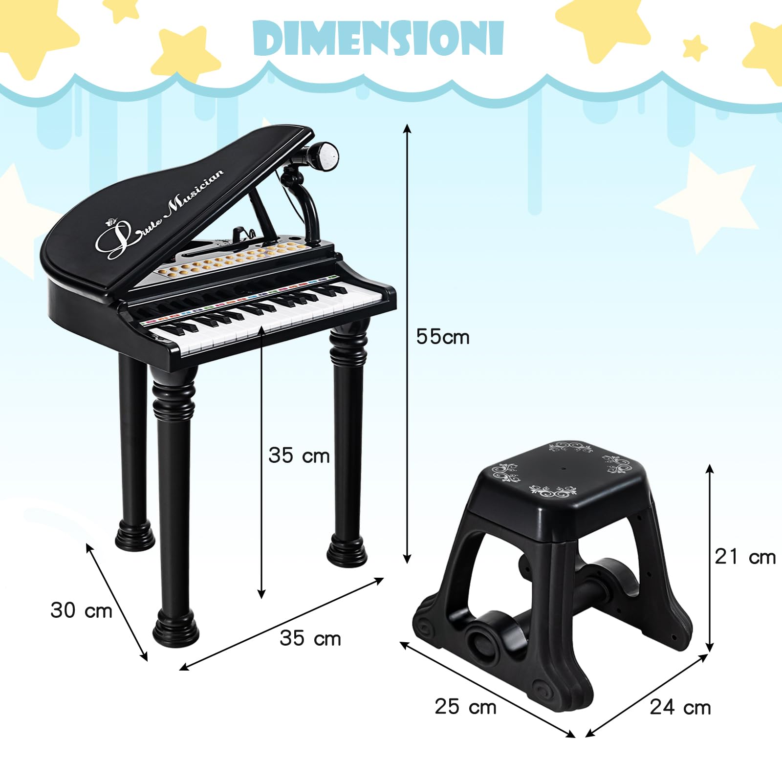RELAX4LIFE Pianoforte per Bambini con 31 Tasti e Sgabello, Tastiera Pianoforte Elettronico con Microfono Regolabile, Giocattolo Musicale Regalo per Bambini 3+ Anni (Nero)