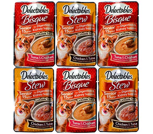 Delectables Stew Senior 15+ Chicken & Tuna Lickable Cat Treat Bisque Senior 15 Years+ Lickable Wet Cat Treats. Two Flavors, 3 Pouches of Each Flavor. Variety Pack 6 Count Total
