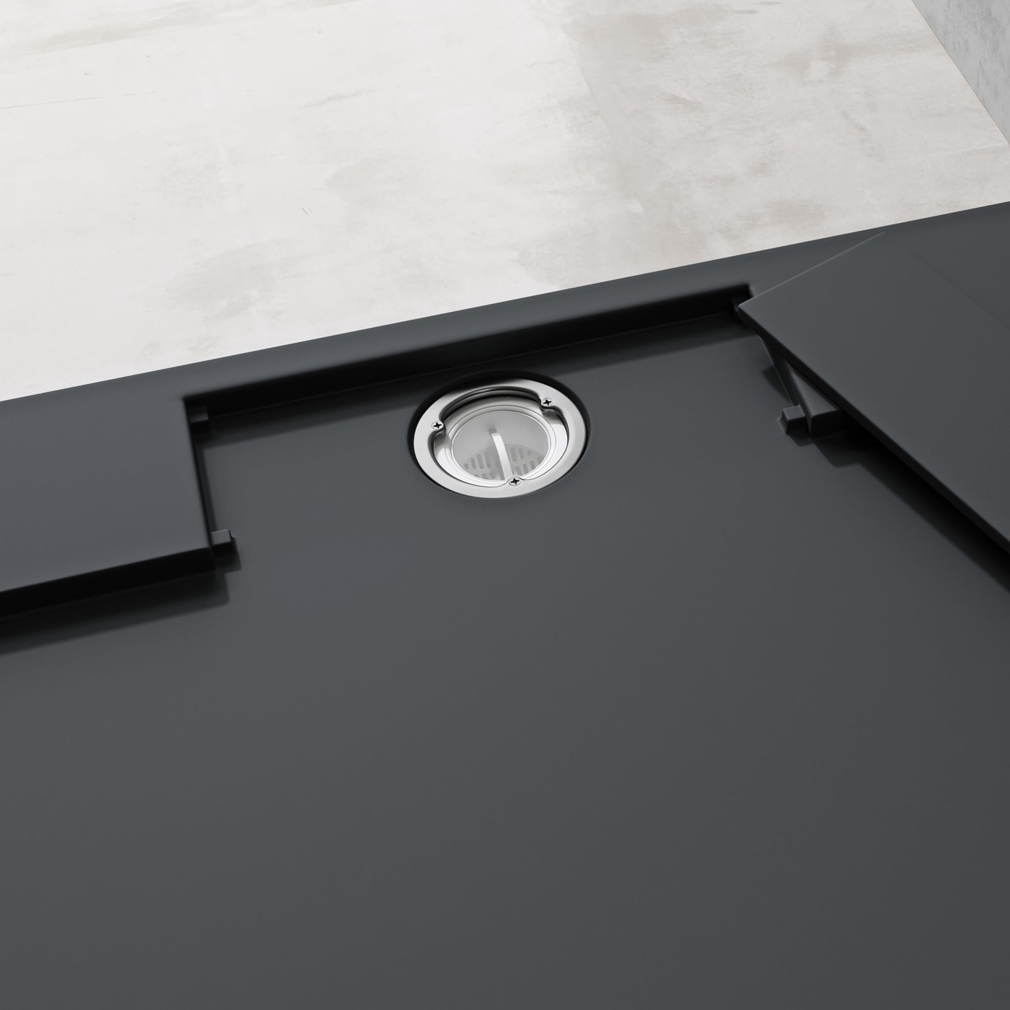 doporro Plato de Ducha 80x80x4cm Mármol Fundido en Antracita con desagüe AL01 Conexiones DIN apto para Instalación a ras de Suelo Geoma04
