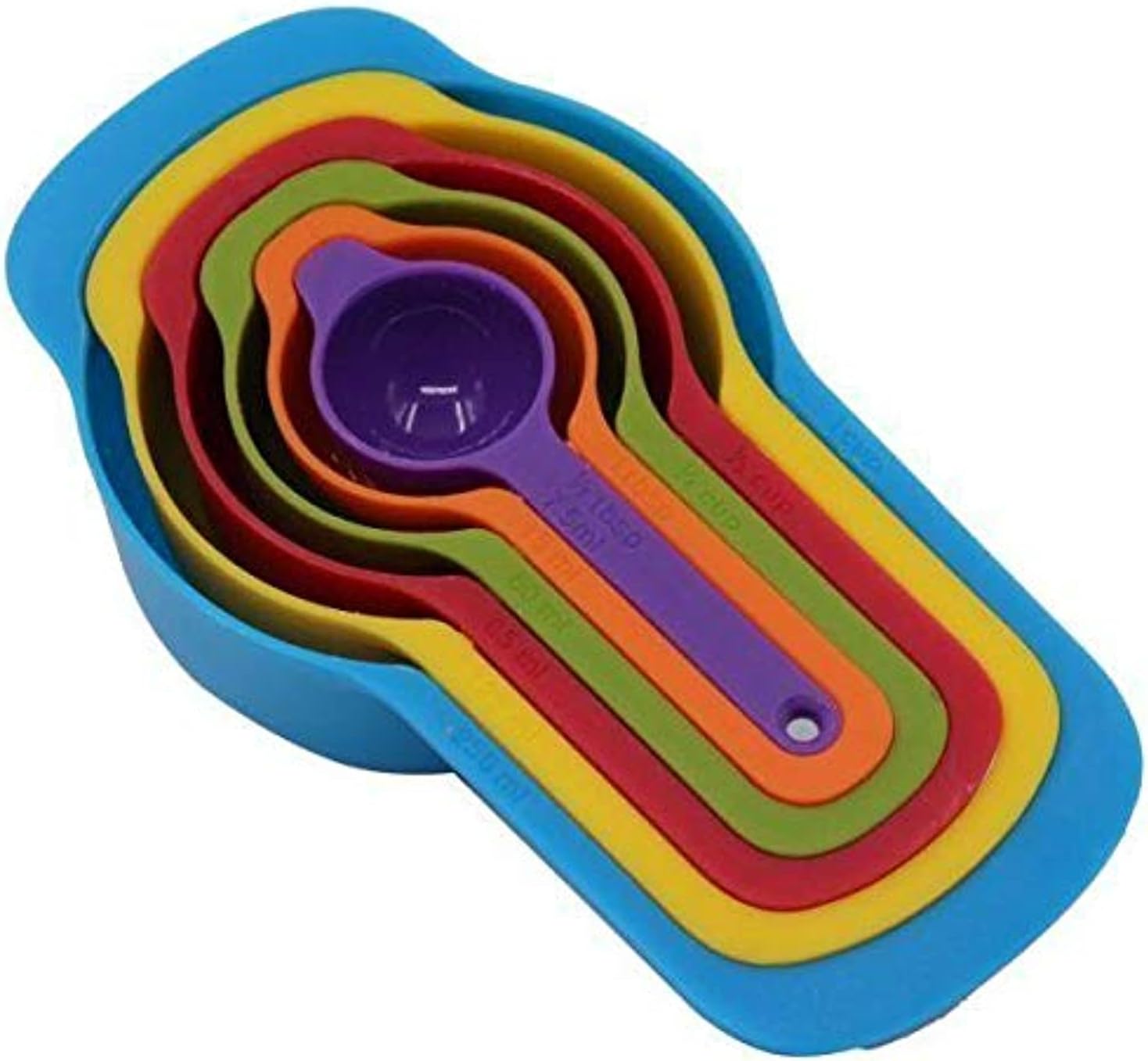 SHOWAY 6 Pcs of Plastic Measuring Cups and Spoons Set. Stackable, Space Saving, Multi color Design