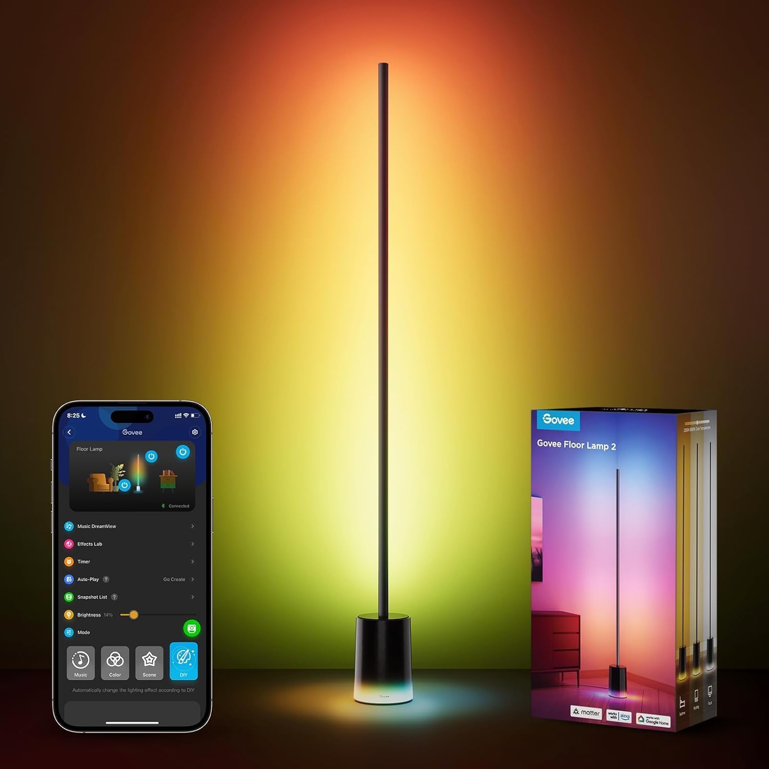 – Govee Floor Lamp 2 with Matter, RGBIC, Warm Cool White LED, Alexa Compatible, 1725lm, Music Sync, Scene Modes, Smart Floor Lamp for Living Room, Bedroom, Black(1 Pack)