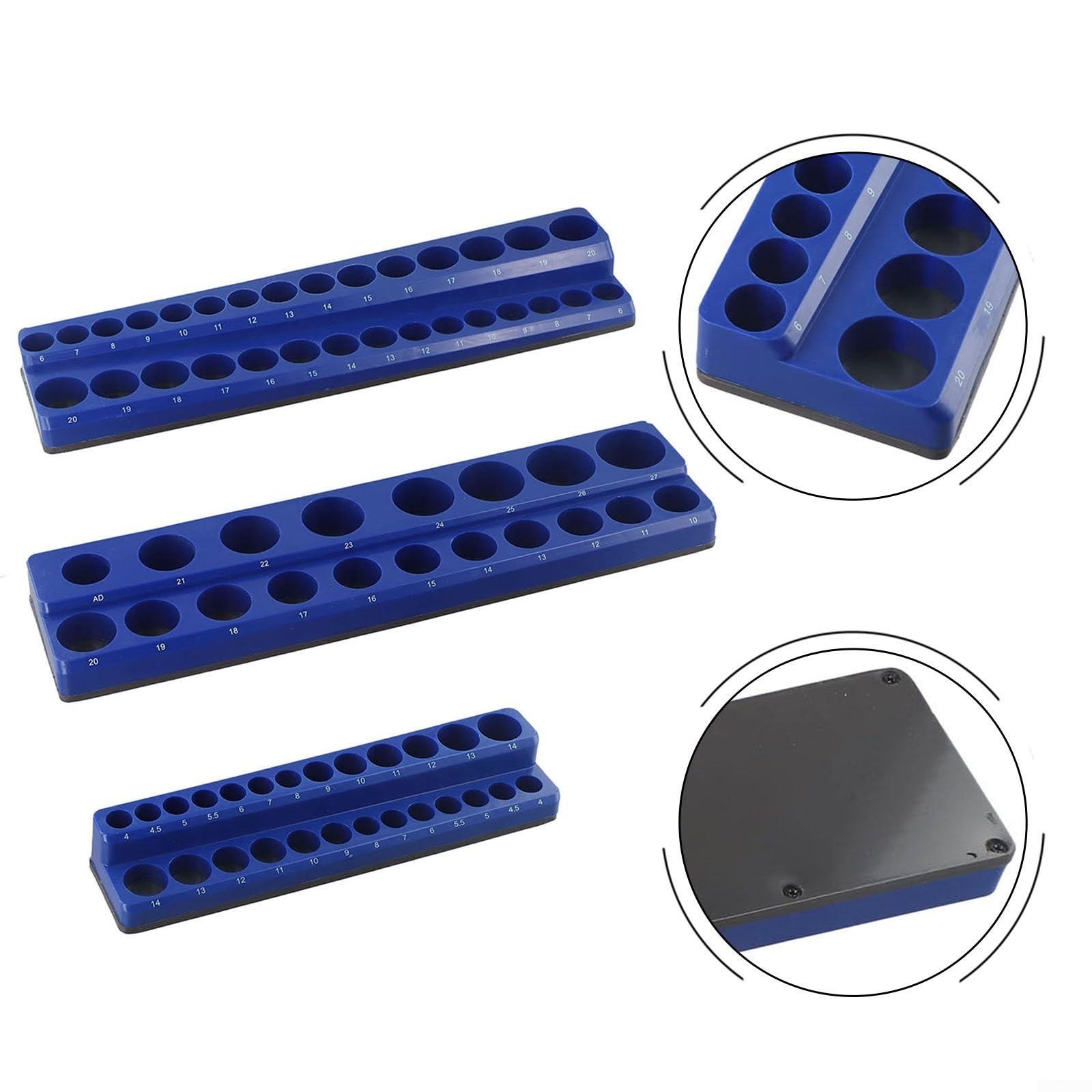 Supporto organizer per chiavi a bussola per chiavi a bussola metriche e SAE da 1/4", 3/8" e 1/2", vassoio magnetico in plastica con base antigraffio gommata, set da 3 pezzi (blu)