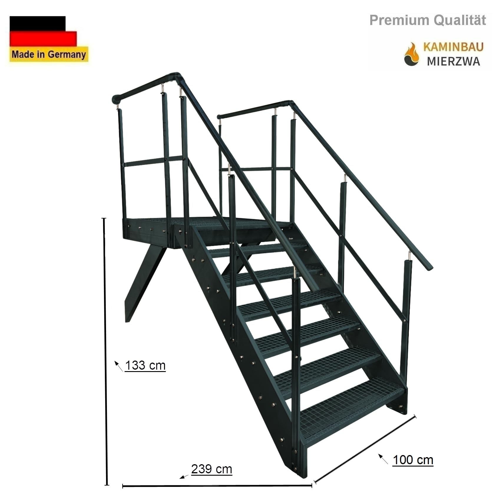 Stalowe schody podestowe, antracytowe, 7 stopni, wysokość 133 cm, łącznie z podestem 100 x 100 cm, z balustradą, orientacją schodów policzkowych do wyboru w lewo/w prawo lub z przodu (orientacja