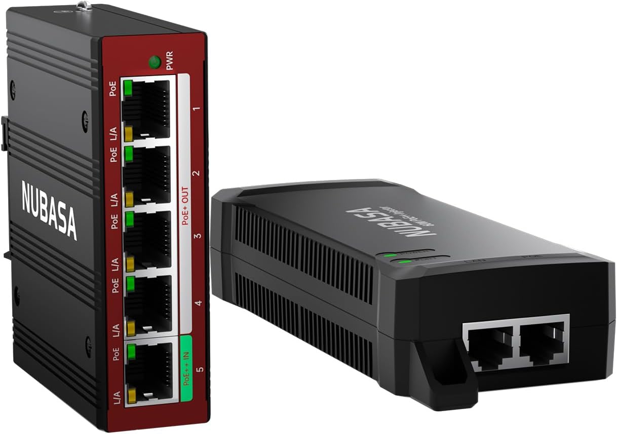 PoE Network Kit: 60W PoE++ Injector + 5-Port Passthrough Switch – Extend Power & Data Up to 656ft for Cameras, Access Points & Remote Devices