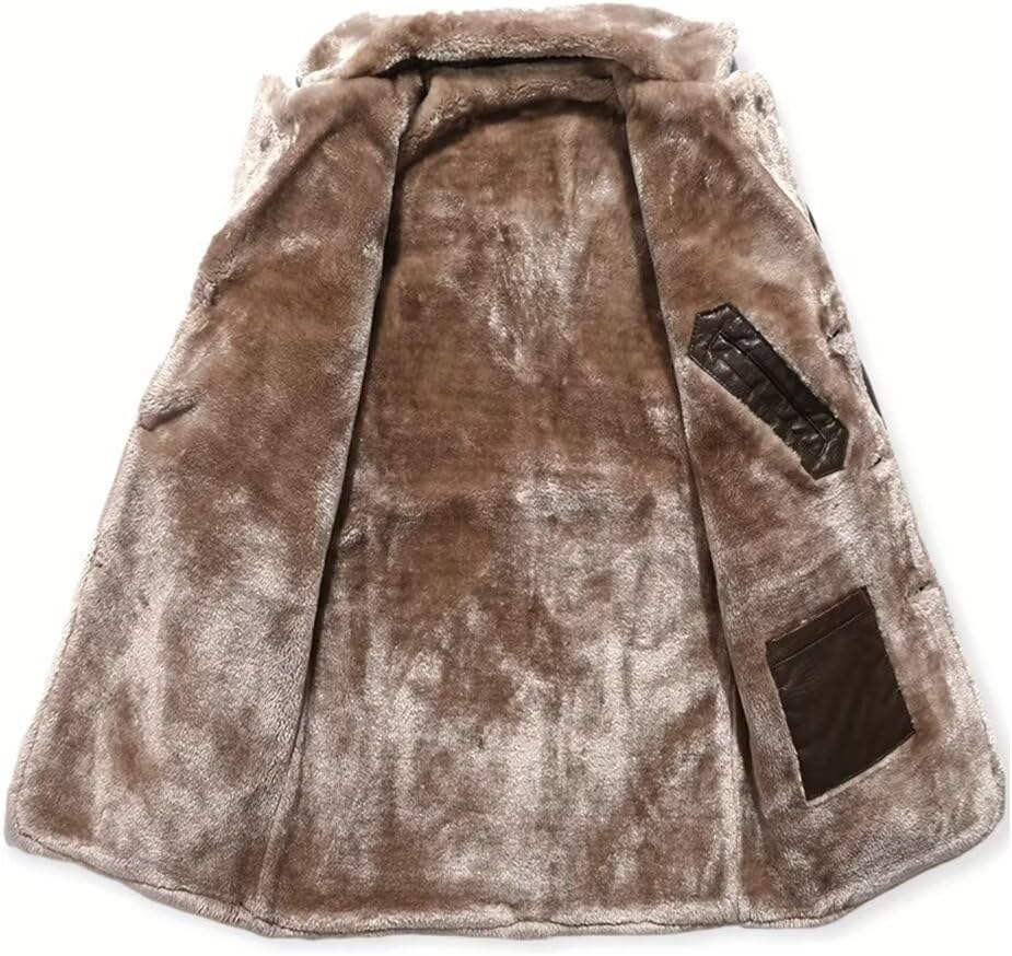 INVACHI Leather Jacket Men Faux Leather Fur Collar Mid-Length Jacket Padded Lining Winter Warm Lapel Trench Coat